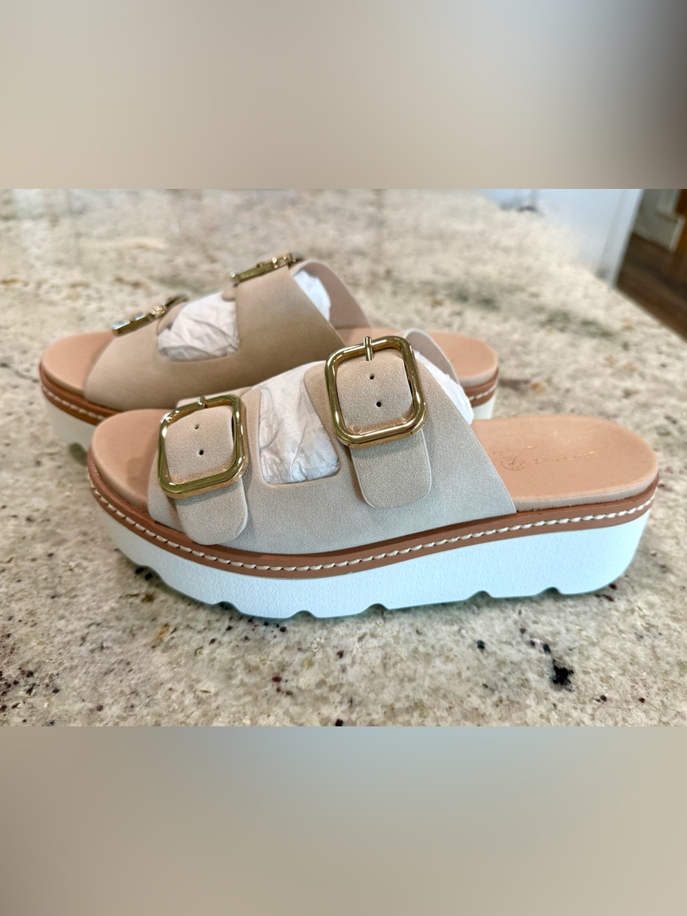 Chinese Laundry Beige Double-Buckle Platform Wedge "Seraphine" Mules NIB